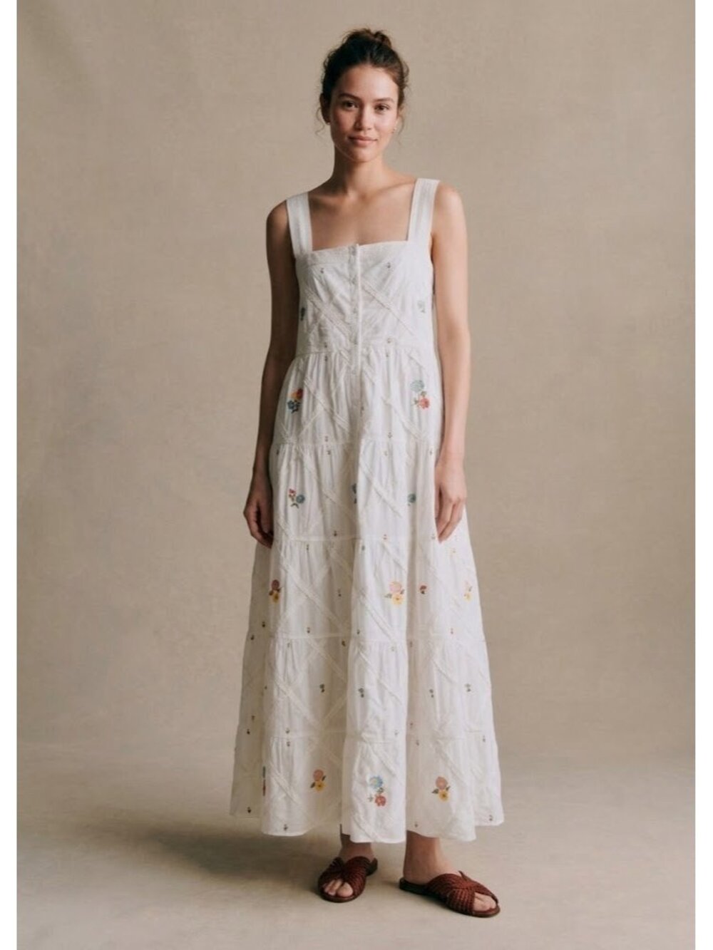 NWT Sezane Rama in Ecru Tricolor Embroidery Cotton Tank Shirt Dress 36 / 4
